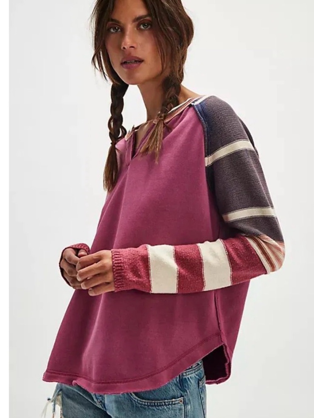 We The Free Jordan Striped Sleeve Pullover Sweatshirt - Raspberry Pink